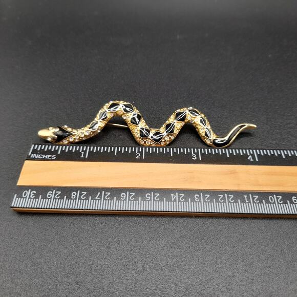 Vintage Snake Brooch, Black Enamel, Clear Rhinestones, 80s Jewelry - Picture 8 of 11